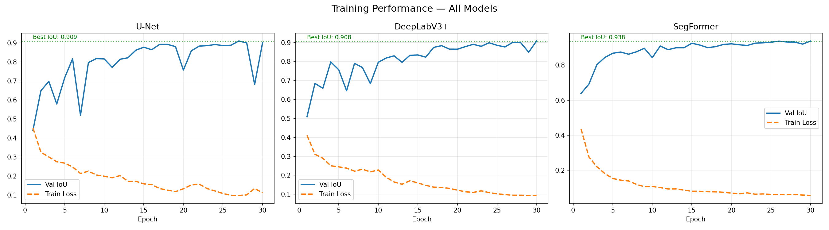 Training curves comparing U-Net, DeepLabV3+, and SegFormer